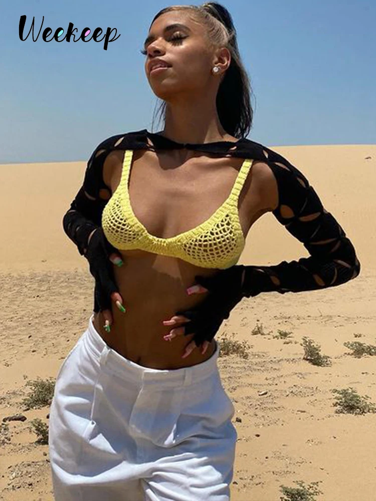 

Weekeep Hollow Out Beachwear Knitted Smock Long Sleeve Super-short Chic Outfits y2k Aesthetic Women Crop Top Sexy Ladies Clothes