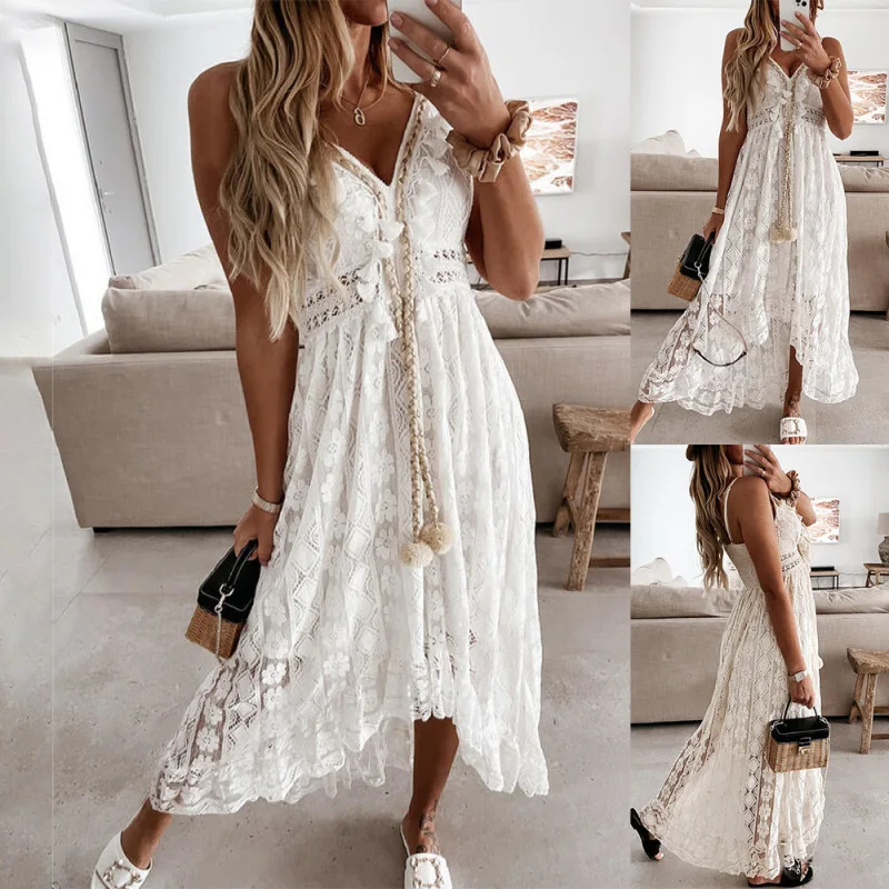 

V-neck Lace Up Cover Up For Woman White Sexy Lace Loose Holiday Beach Slip Dress 2023 Summer Maxi Dress Beachwear
