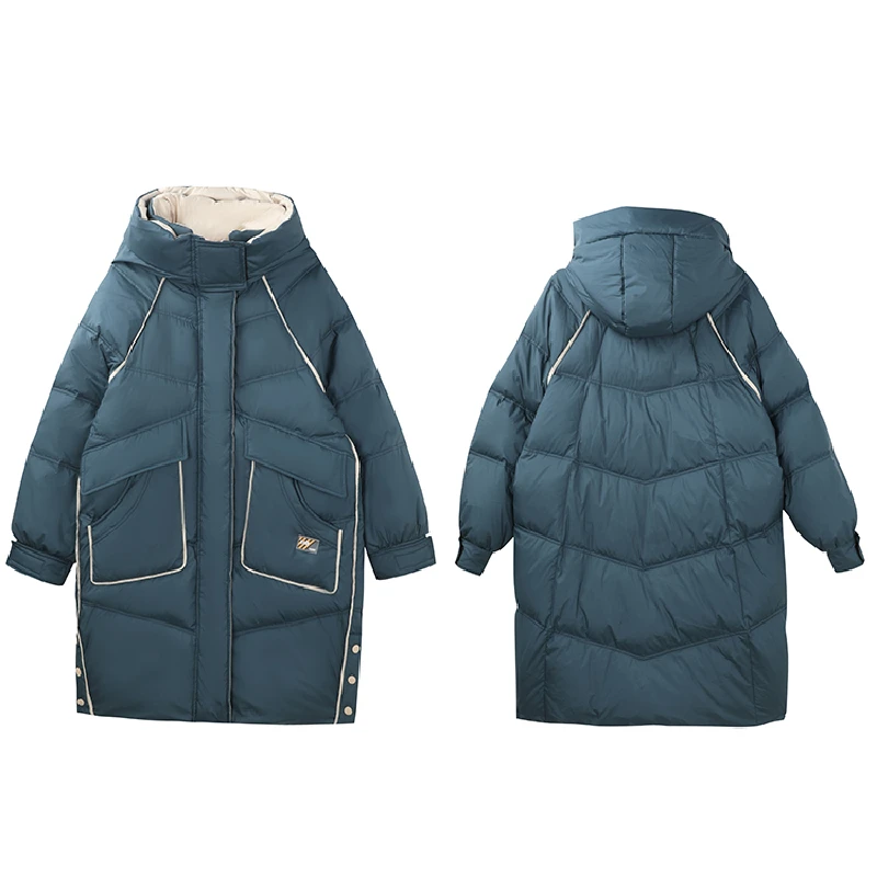 Winter 90% White Duck Down Jacket Women Medium Length Fashion Hooded Big Pockets Loose Casual Parkas Thicken Warm Blue Coat Tops enlarge
