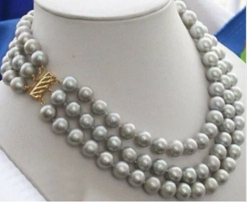 

natural 3 Rows8-9mm gray Freshwater pearl necklace 17-18-19 inch