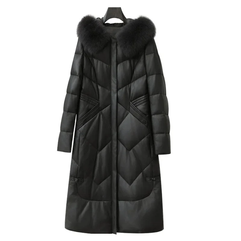 Новинка Зима 2024 женский длинный пуховик кожаная куртка с воротником из лисьего