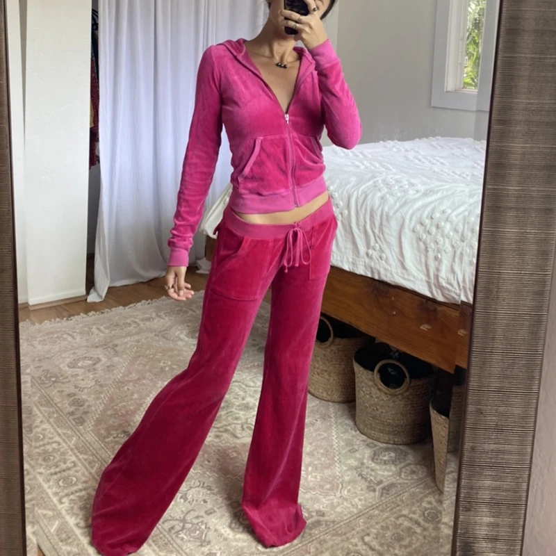 WeiYao Pink Solid Sweet Cute Velvet NEW Flare Pants Design Pockets Drawstring Low Waist Slim Sexy Womens Joggers Sweatpants