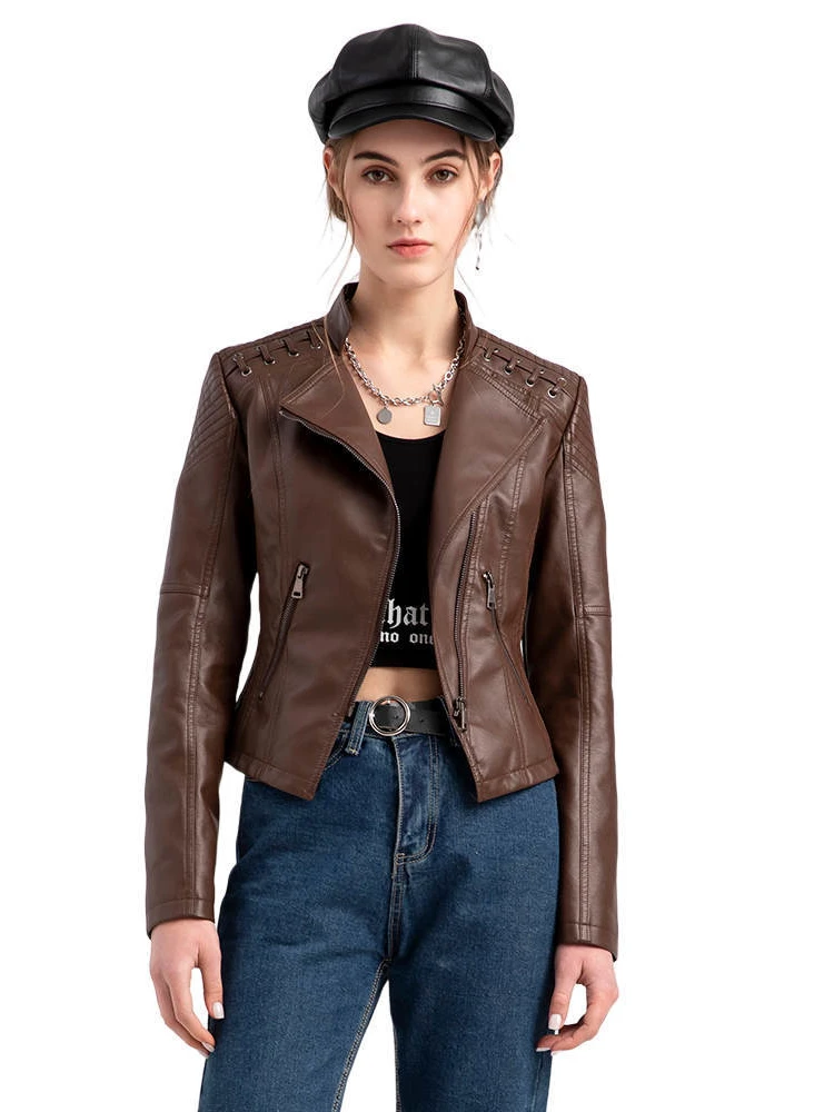 2021 European new spring and autumn women's Leather Jacket Women's short jacket slim thin leather jacket women's motorcycle suit