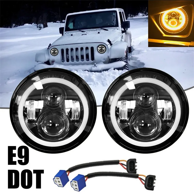 

7 Inch LED Headlights 60W High Low Beam LED H4 Angel Eye DRL Amber Turn Signal for Jeep Wrangler Lada Niva 4x4 JK TJ Land Rover