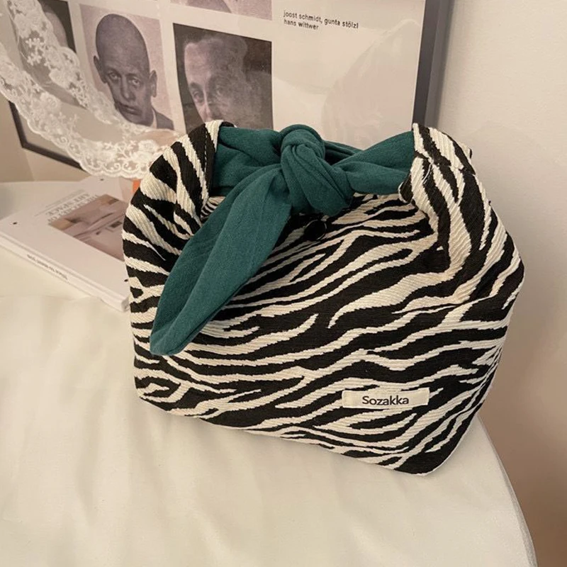 Fashion Women's Zebra-Print Makeup Bag Cute Bunny Ears Handbag Lunch Box Bag Japanese Ins Style Bento Bag Lunch Box Handbag