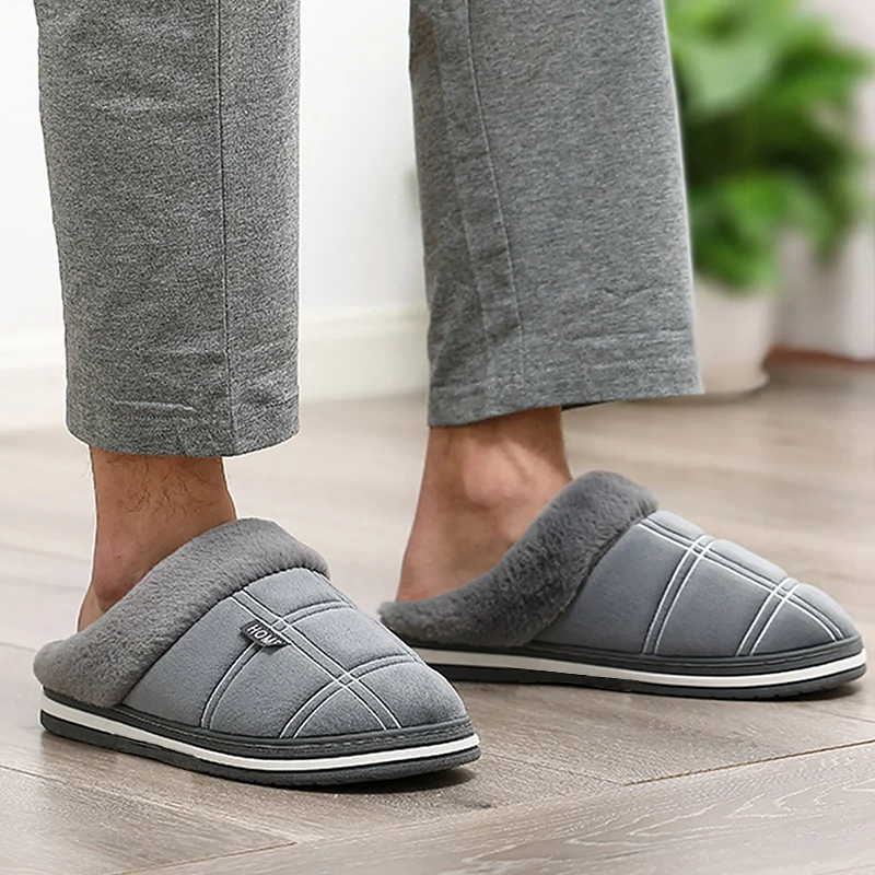 Winter Big Size 45-50 Gingham Warm Fur Slippers For Male Antiskid Suede Short Plush House Shoes Men Hot Sale