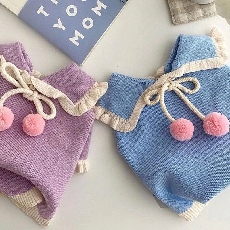 

Cute Lapel Solid Sweater Dog Clothes Kitten Hairball Lacing Small Dogs Clothing Puppy Autumn Winter Warm Fashion Sweet Pet Items