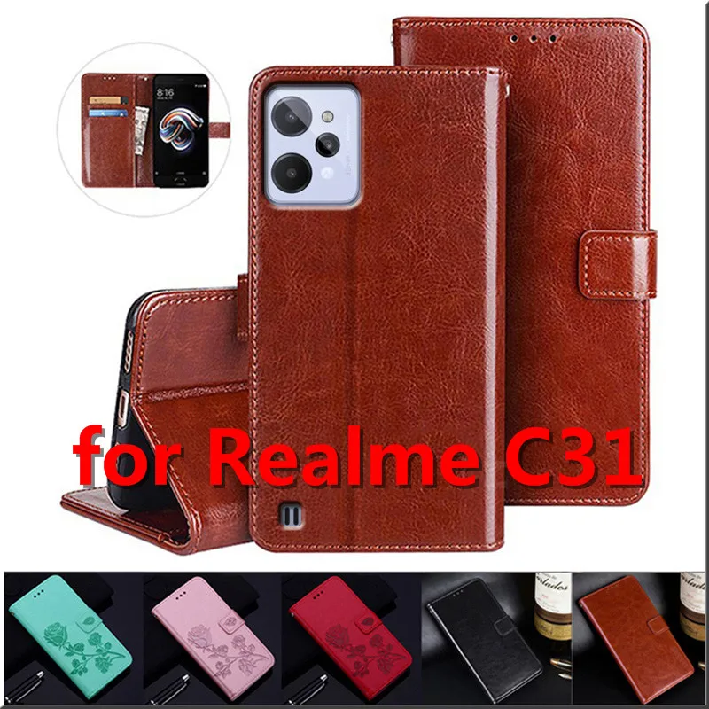 

Роскошный кожаный чехол-кошелек для OPPO Realme C31 Магнитный чехол-книжка для мобильного телефона в стиле ретро с подставкой для карт