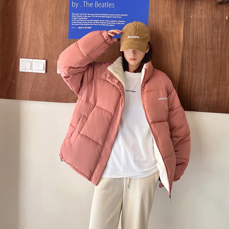 

2023 New Women Thicken Pink Parka Stand Collar Fleece Cotton Padded Jackets Letter Korean Fashion Female Thicken Winter Coats