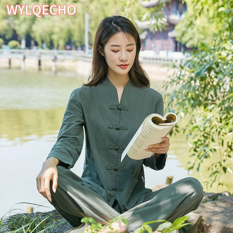 Женский китайский традиционный костюм Тан 2023 льняной кардиган дзен-чай ханьфу