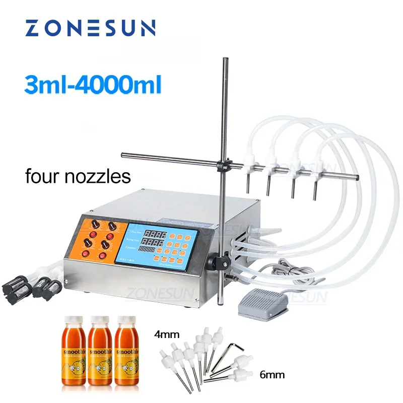 Фото ZONESUN ZS-YTDP4 Полуавтоматическая машина для розлива жидкостей с 4 головками, электрическим цифровым управлением и насосом для воды, соков, масла в бутылки и банки №1