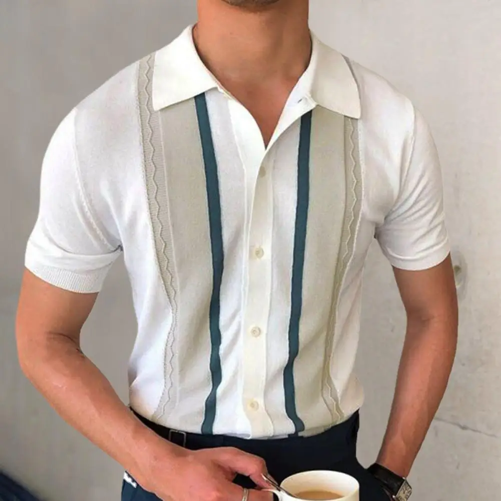

Summer Polo Shirt 2022 Fashion Clothes Men Shirt Contrast Color Stripe Formal Turn-down Collar Short Sleeves Summer Tops Daily