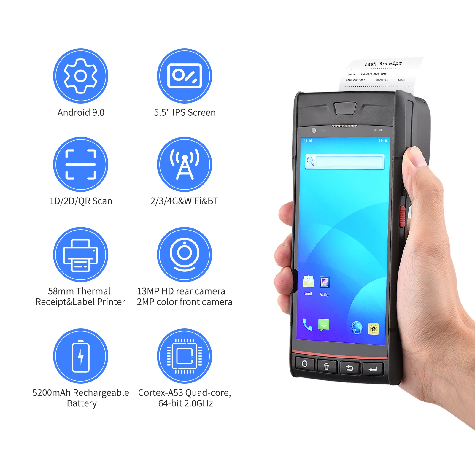 

Handheld POS Receipt Printer Android 9.0 PDA Terminal 5.5 Inch Touchscreen 1D/2D/QR Barcode Scanner 4G WiFi BT Connect