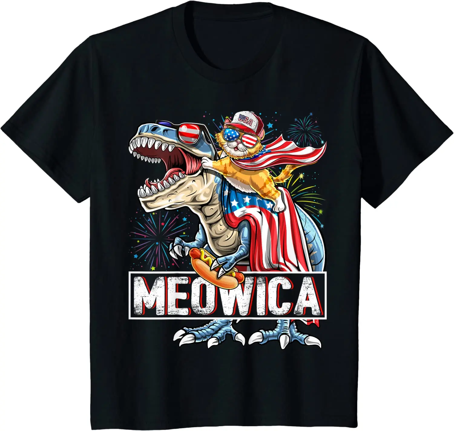 

Meowica Cat T Rex Dinosaur 4th of July American Flag Kids T-Shirt Independence Day Mens T Shirts Oversized T Shirt Cotton Daily
