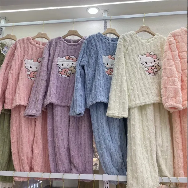 Kawaii девушки Hello Kitty Коралловая флисовая Пижама утепленная аниме Sanrios женская