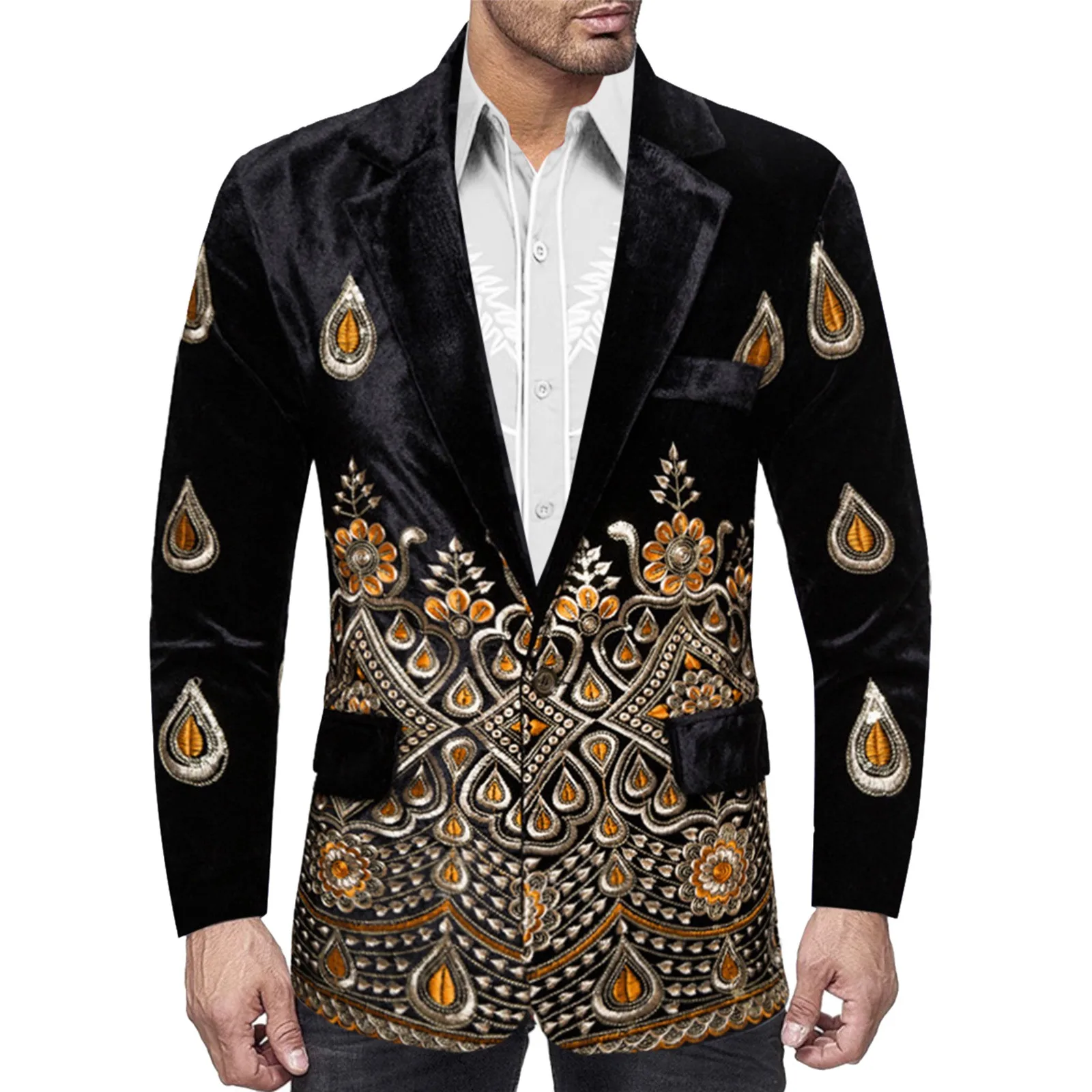 

Мужской бархатный костюм в этническом стиле на осень и зиму, Модный повседневный ветрозащитный костюм для выступлений с вышивкой золотой нитью