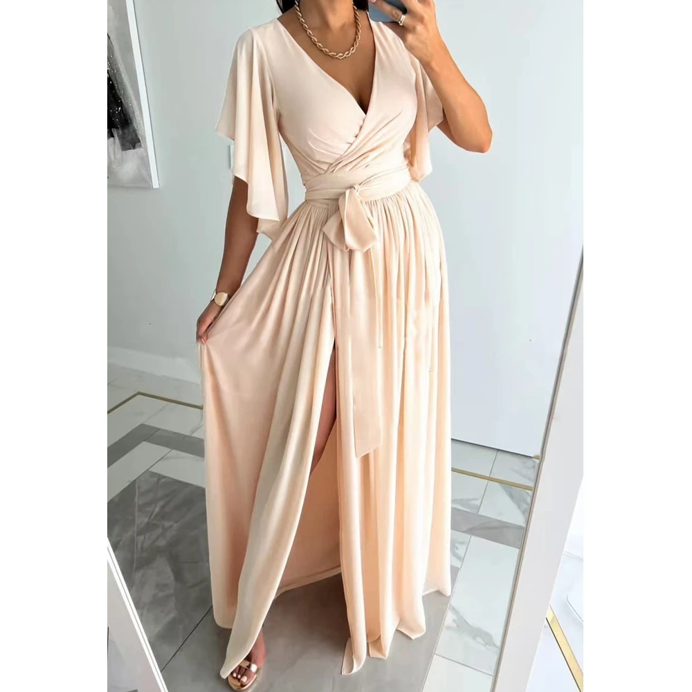 

Wepbel V-neck Maxi Dress Women Summer Solid Color Bell Sleeve Loose High Waist Mop Dresses Ruffle Big Swing Pleated Long Dress