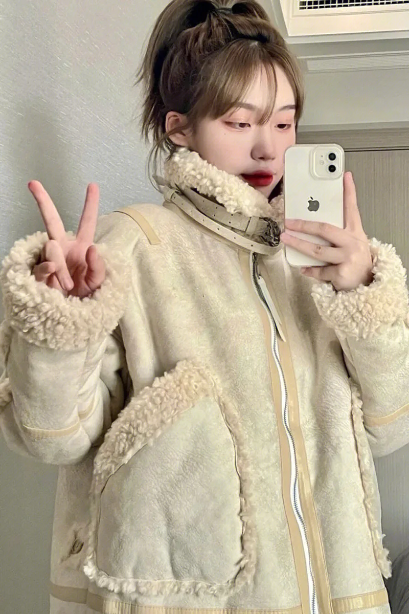 Lamb's wool double-sided jacket women's winter velvet thickened baseball uniform cotton uniform