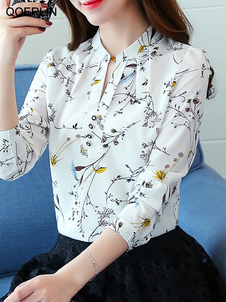 

QOERLIN Printed Floral Chiffon Blouse General Shirt 2023 Summer Spring Long Sleeve V Neck Thin Shirts OL Elegant Workwear Tops