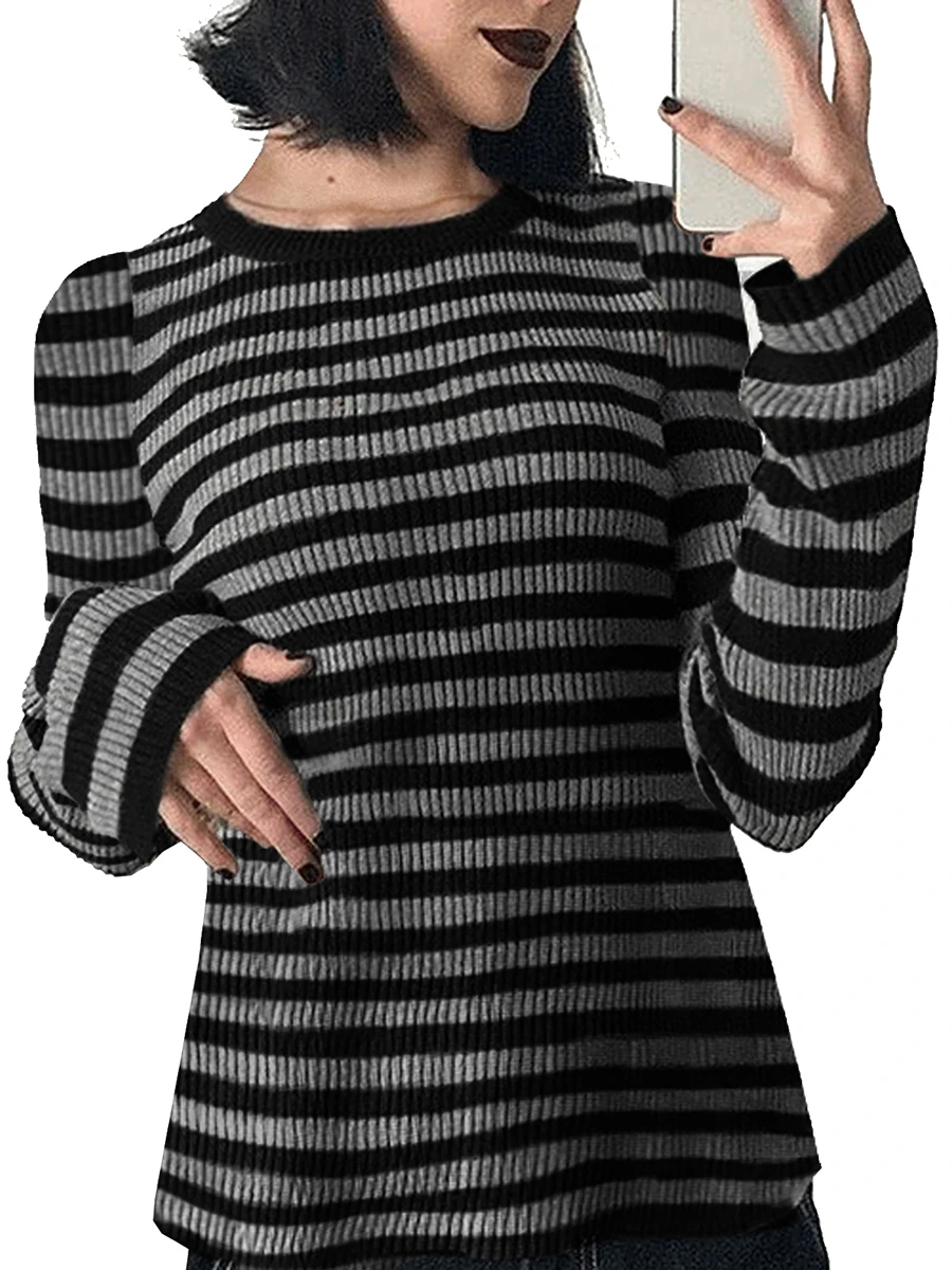 

Y2K Grunge Vintage Goth Women Knit Striped Sweater Casual Contrast Color Long Sleeves 2000s Pullover Knitwear Tops Streetwear
