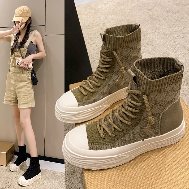 Купи Spring and Autumn 2022 New Breathable Knitted High-top Women's Shoes Soft-soled Sports Boots Skinny Martin Boots за 2,580 рублей в магазине AliExpress