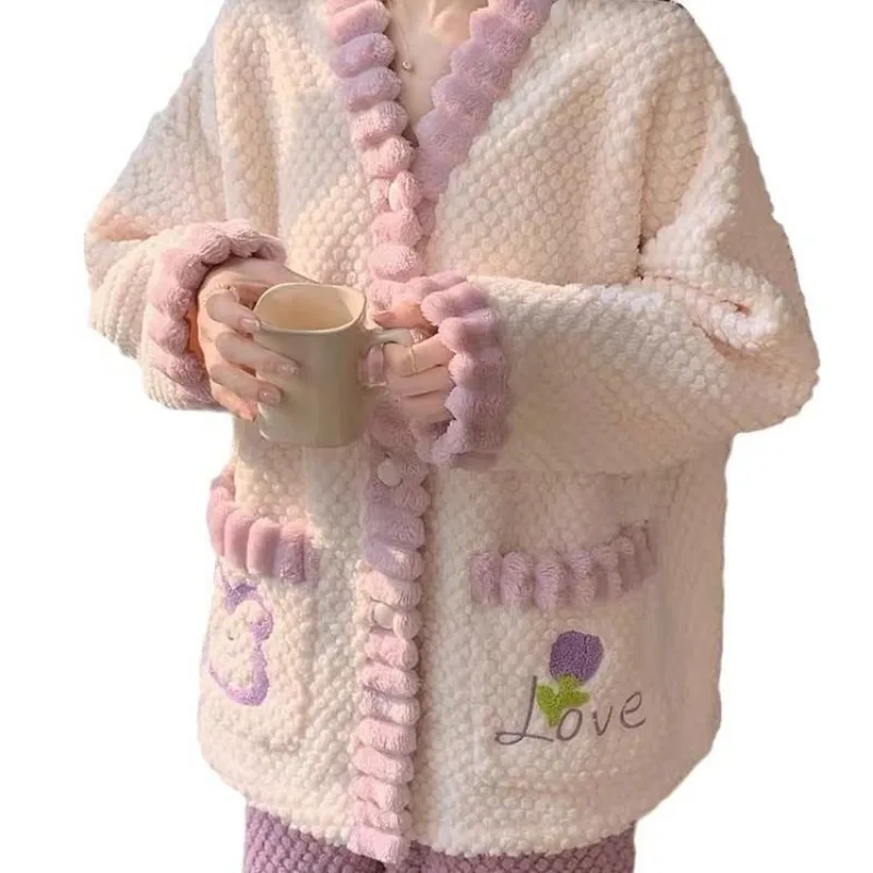 Коралловые бархатные пижамы женские осень/зима 2024 новый флисовый утепленный