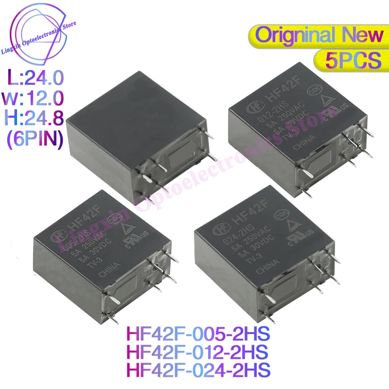 

5Pcs relay 5V 12V 24VDC HF42F -005 012 024 -2HS 5A 6Pin 250VAC Relay FTR-F4AK024T F4AK024T HF42F-012-2HS Original new