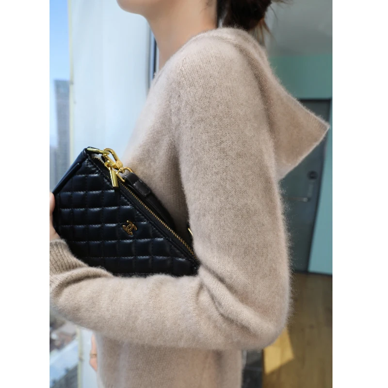 Бесшовный Женский вязаный пуловер из 100% шерсти модный свитер с капюшоном