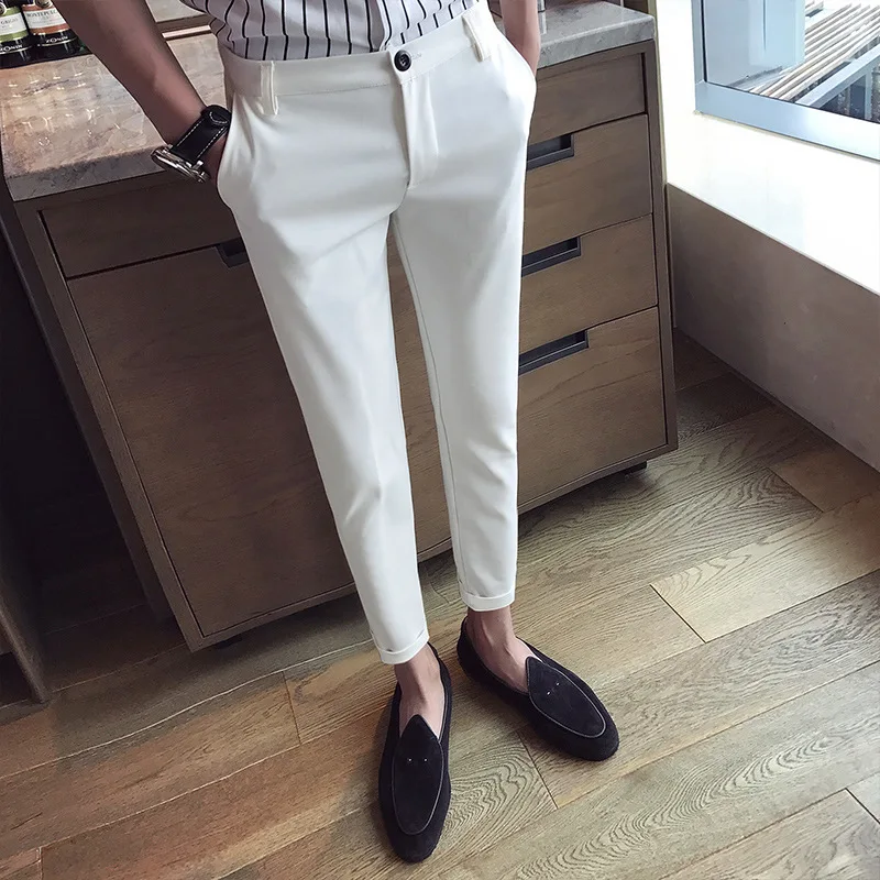 

New Casual White Mens Pants Nine-point Trousers Feet Slim Breathable Comfortable High Quality Male Brand Business Pants
