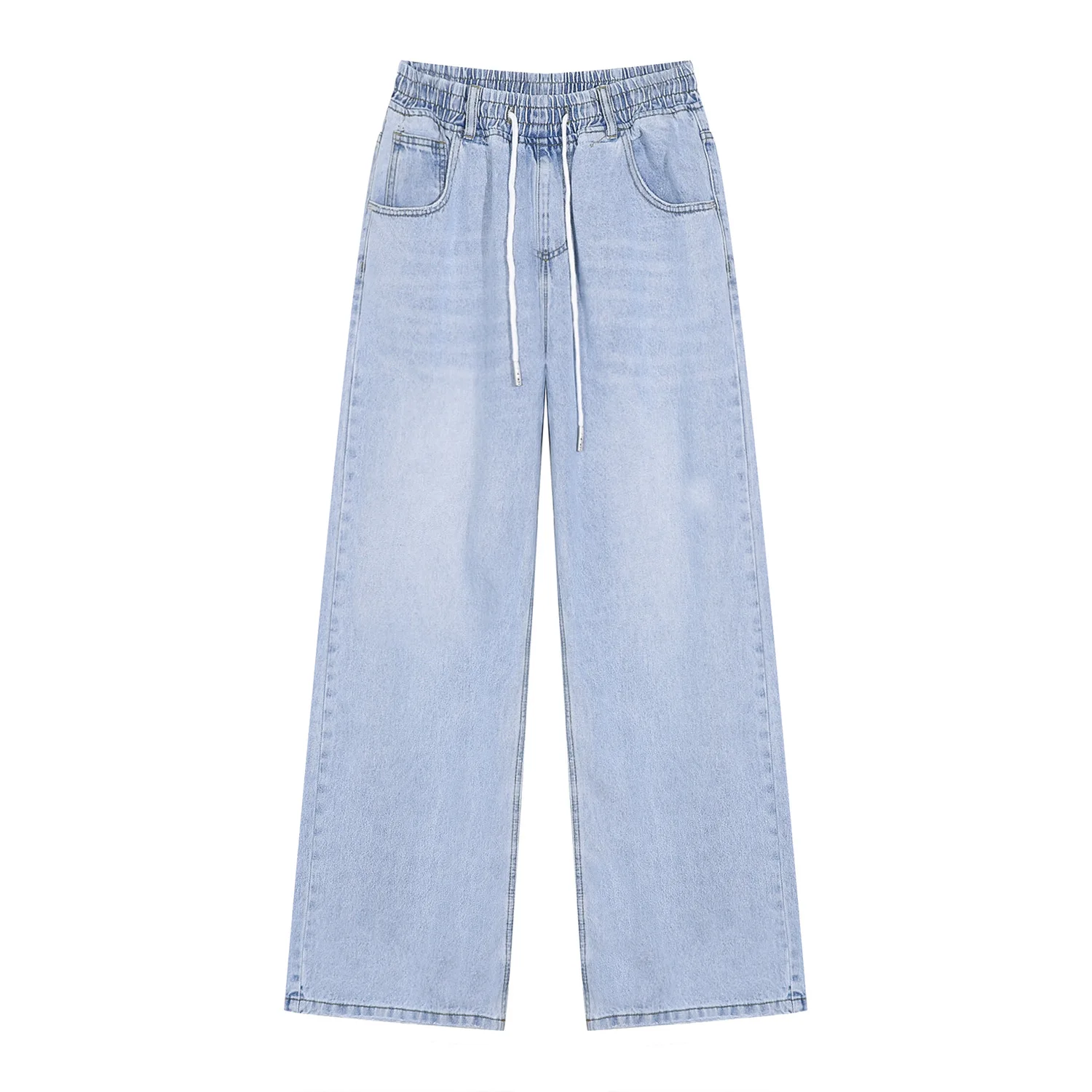 Four Seasons Men's Pants Simple Solid Color Elastic Waist Casual Loose Straight Blue Jeans Men's Hip Hop Street Style Clothing