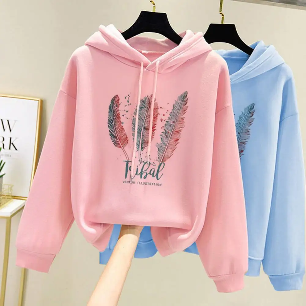 

Fall Winter Hoodie Feather Print Long Sleeve Fall Sweatshirt Soft Drawstring Unisex Hoodie Elastic Cuff Loose Hoodie