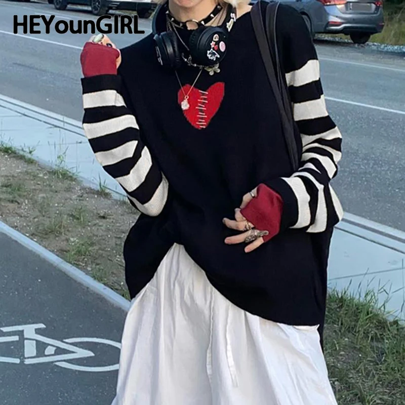 

HEYounGIRL Striped Full Sleeve Sweater Gothic Y2K Women Broken Heart Graphic Autumn Knit Pullovers Street Fashion Tops Vintage