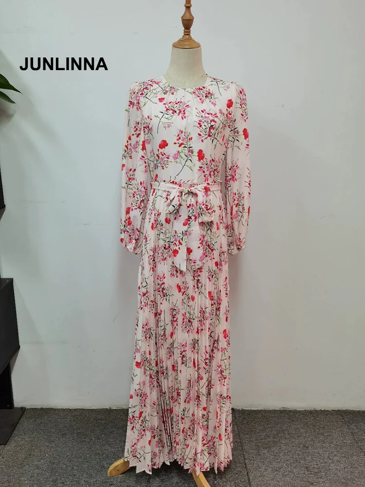 

JUNLINNA Fashion Designer Women Dress 2022 Spring New Printing Vestidos Crew Neck Sashes Sliming Pleated Long Expansion