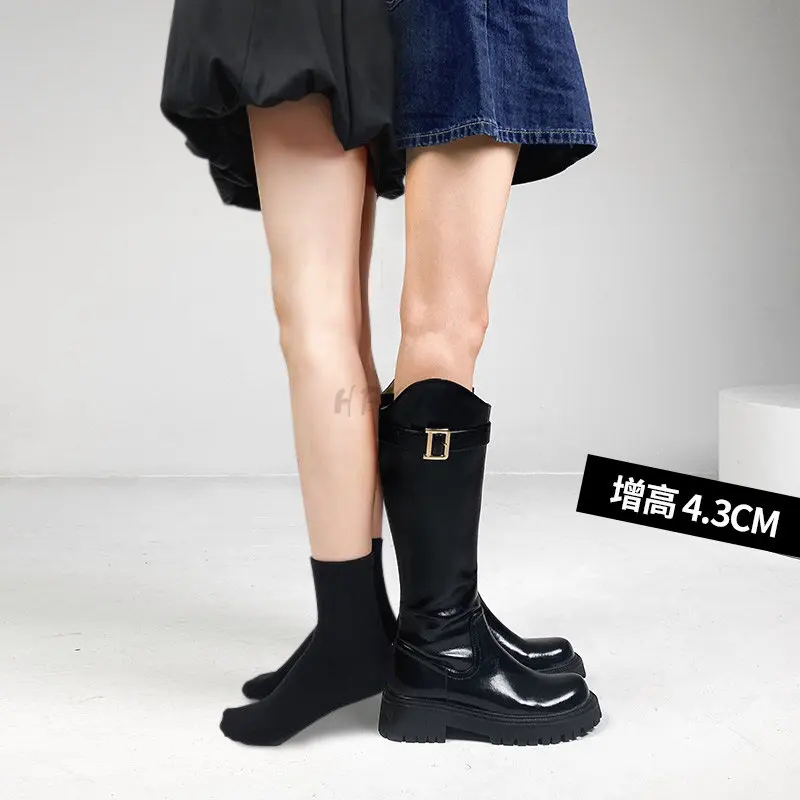 High Heels Thick Platform Long Boots Women 2022 Spring Autumn Pu Leather Motorcycle Botas Woman Back Zipper Thick Heeled Shoes