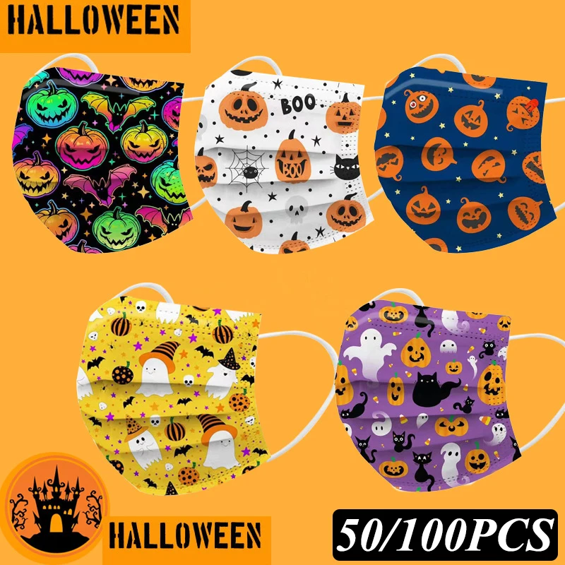 

Детская одноразовая маска на Хэллоуин с принтом тыквы, детская маска для лица, защитная мультяшная маска для косплея, детские одноразовые м...
