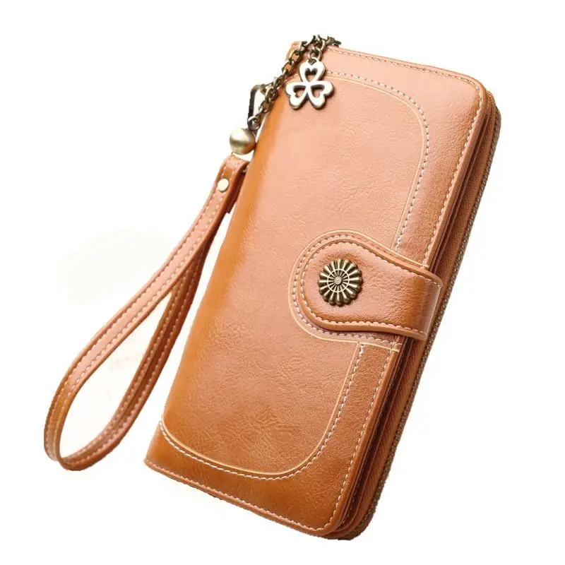 Large Capacity Women's Wallets Metal Flower Long Coin Purse Zipper Leather Multi-function Card Bag With Wrist Strap For Lady
