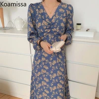koamissa vintage women floral bodycon maxi dress long sleeves v neck fold slim dresses chic kroean vestidos 2022 spring robe new