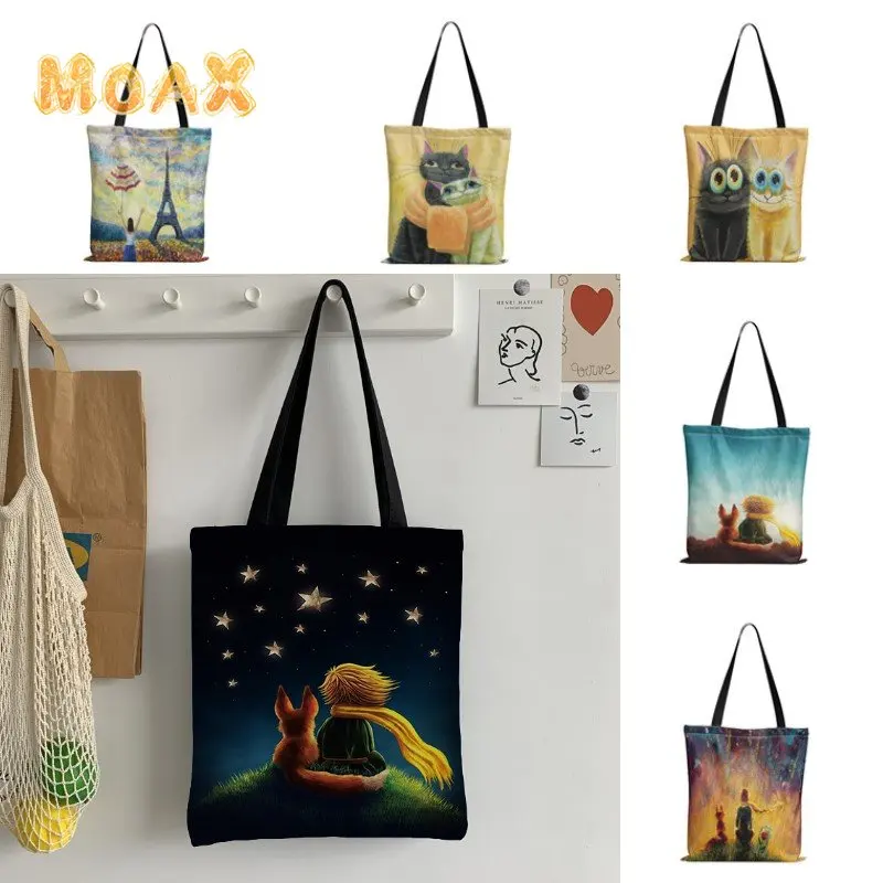 

Little Prince Print Shoulder Bag for Women Canvas Foldable Shopping Bag Reusable Cartoon Casual Handbags Eco Girls Book Tote Bag