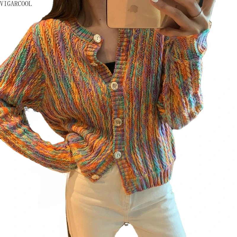 

Temperament Rainbow Contrast Sweater Cardigan Coat 2023 Autumn New Short Top Women's Loose and Lazy Style Knitted Shawl Overlay