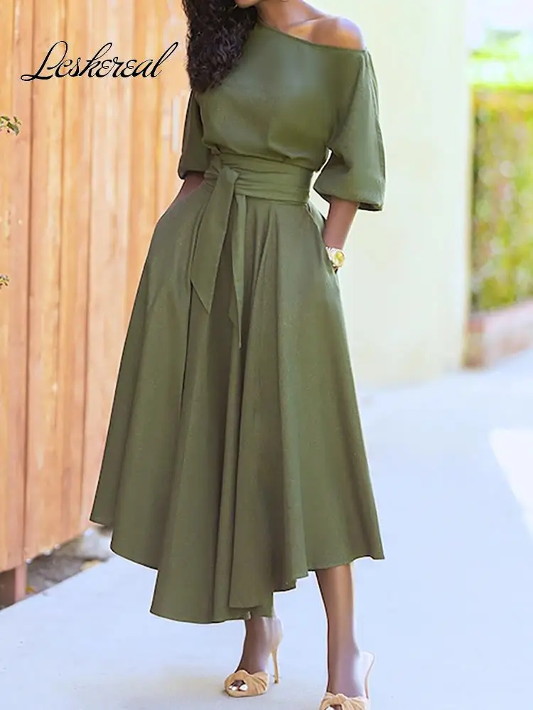 

Spring Summer Sexy Off Shoulder Boho Dress Women 2022 Casual Green Black Lace Up Elegant Maxi Dresses For Women Robe Femme