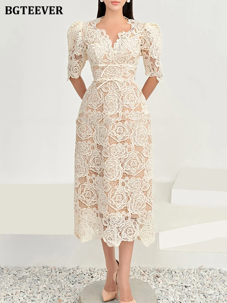 

BGTEEVER Spring Summer Short Sleeve Floral Lace Dress Women Elegant V-neck Slim Waist Ladies Package Hip Dress OL Vestidos