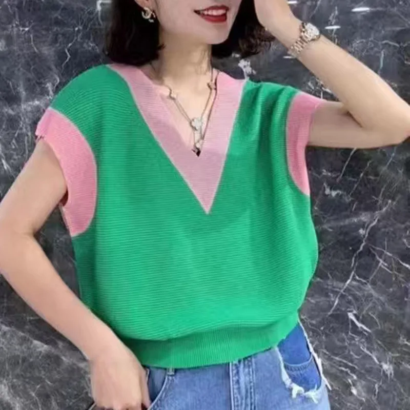 

Miyake Peplum Top Women 2022 Summer New V-neck Striped Contrast Color Vest Fashion Casual Versatile Loose Top T Shirt for Women