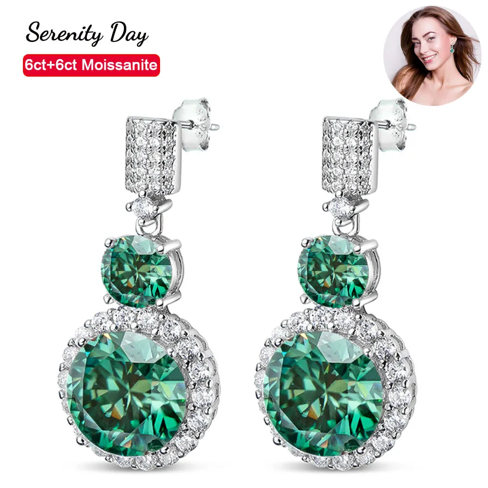 

Serenity Day 6ct+6ct Big Green Moissanite Stud Earrings For Women 100% S925 Sterling Silver Plate Pt950 Fine Jewelry Wholesale
