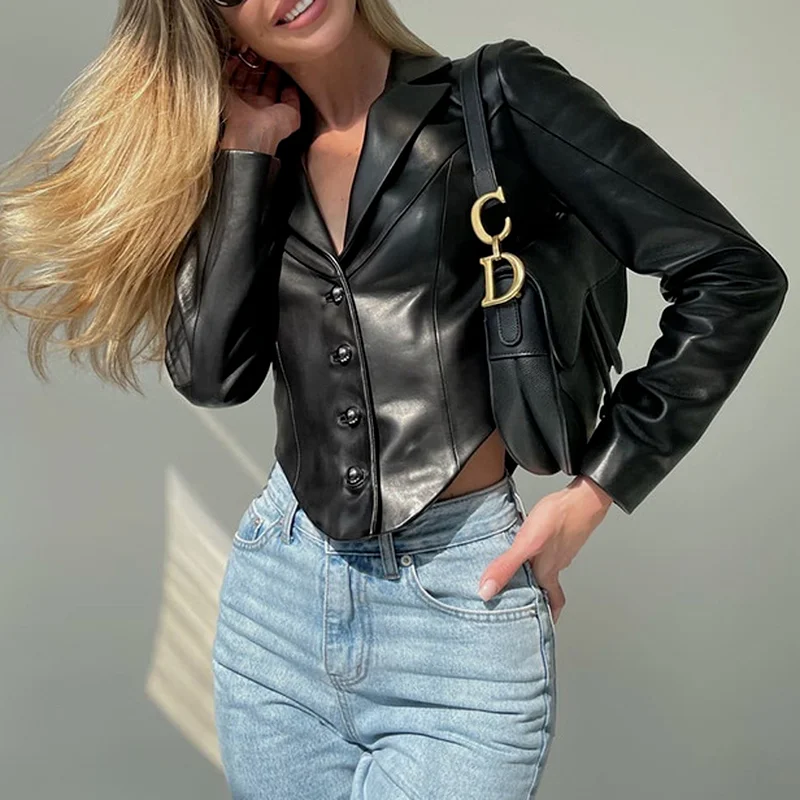 Streetwear 2022 New Fashion Women's Long-sleeved Single-breasted Jacket Suit Collar Slim Cardigan Ladies PU Leather Jacket