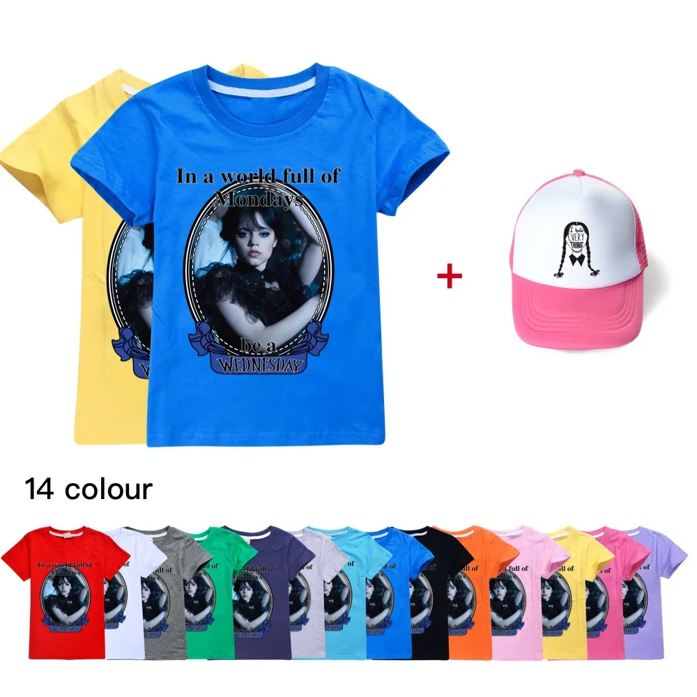 

Wednesday Addams Children's Clothing Fashion T Shirt Short Sleeve Shirt Costume Boys Girls Summer Tops+Hat 2 Pcs