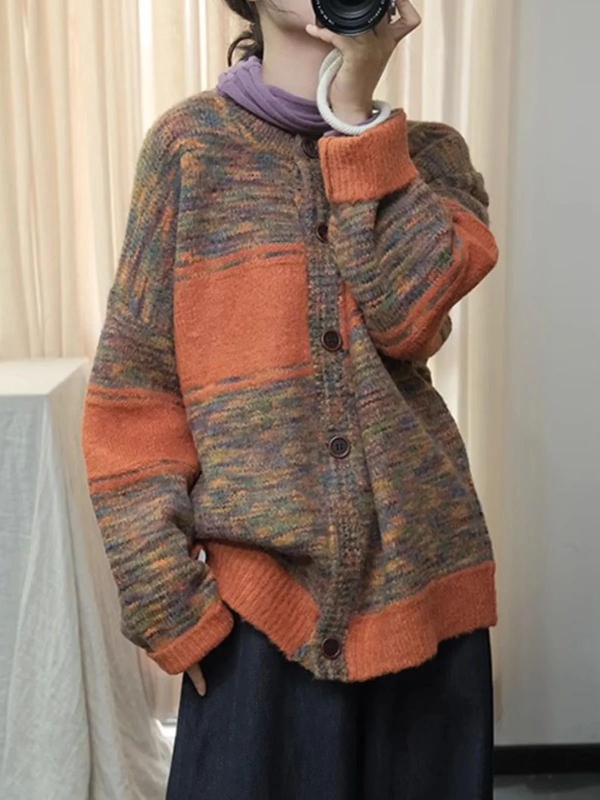 Winter New Ethnic Sle Retro Chinese Contrast Color Pattern Single Breasted Cardigan Commuter Loose Knit sweater Outerwear