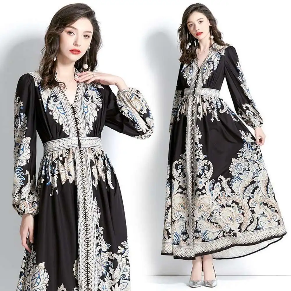 

Item Womens Spring Summer Retro Palace Style V Neck Lantern Sleeves Long Printed Dress