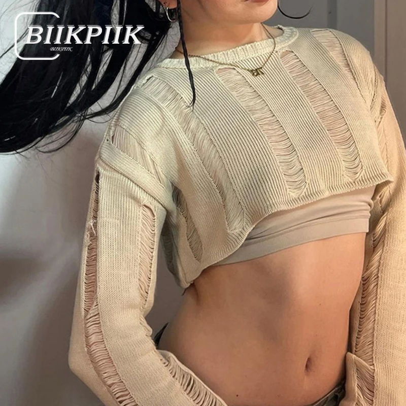 

BIIKPIIK Khaki Hollow Out Women Sweater Casual Scratched Short Pullover Autumn Street Style Unique Crop Top Concise Outfits Sexy