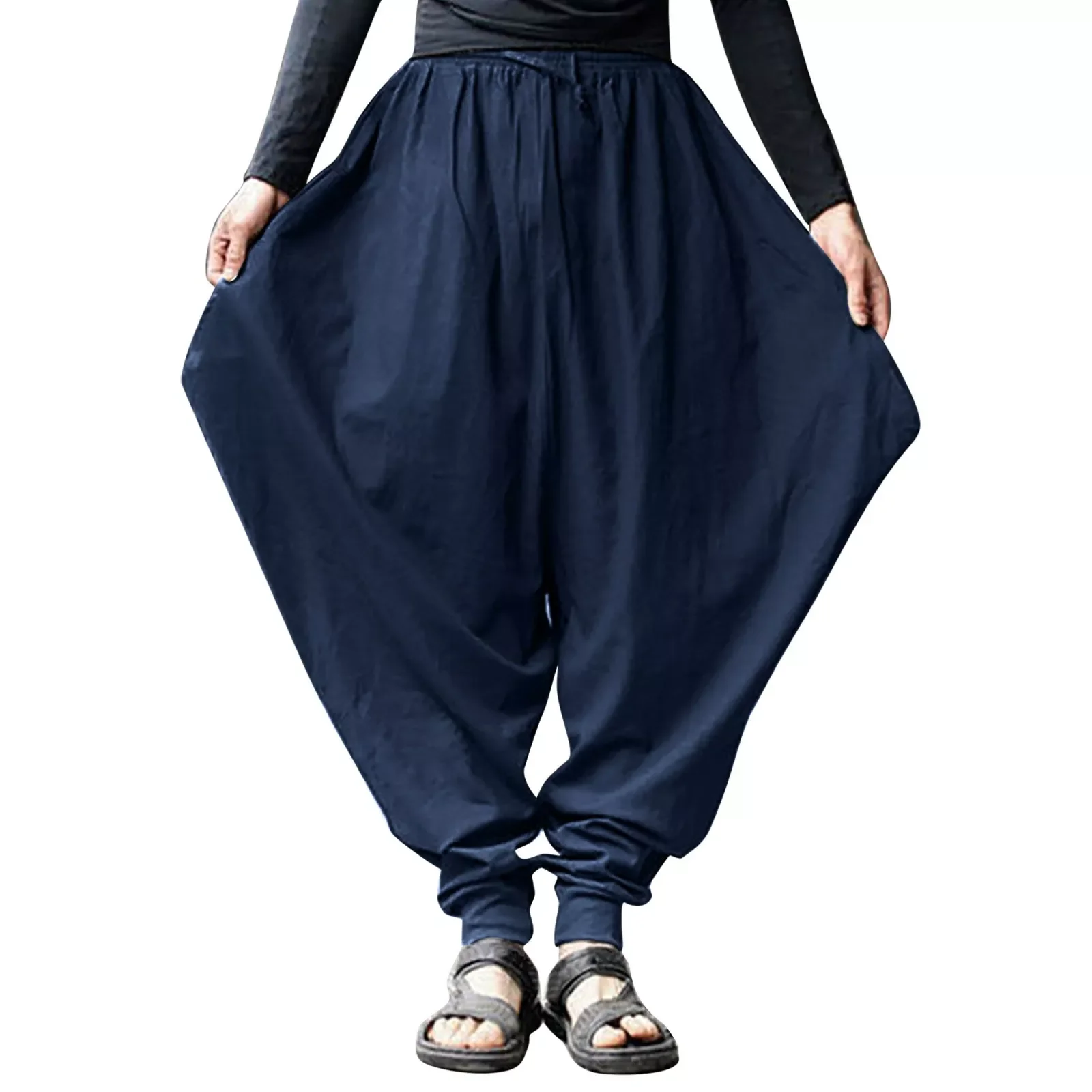 

Брюки-султанки мужские свободного покроя, однотонные хлопково-льняные брюки-султанки, большие размеры, лето