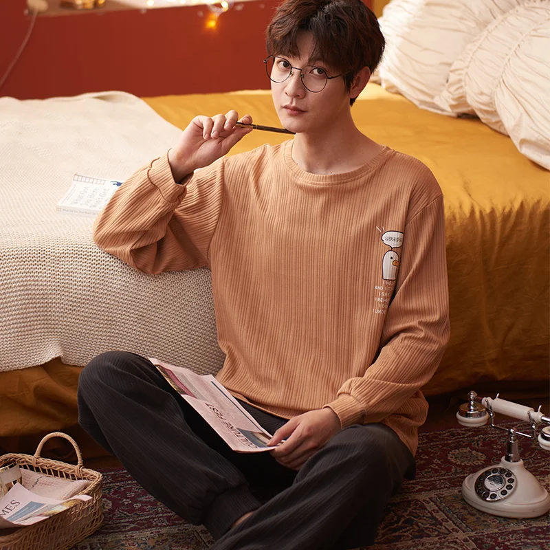 2022 Autumn Cotton Sleepwear For Men 2 Pieces Set Pijamas Man Home Suit Long Sleeping Tops Pant Nightwear Male Pjs Cartoon Pyjam